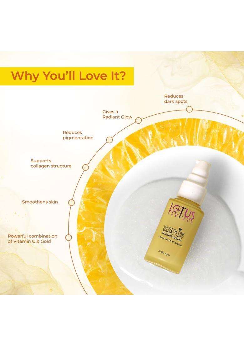 Lotus Herbals WhiteGlow Vitamin C and Gold Radiance Face Wash (100g) + Face Oil (15 ml) + Face Cream (50g) + Face Serum (30 ml) | Natural Herbal Care - Indya