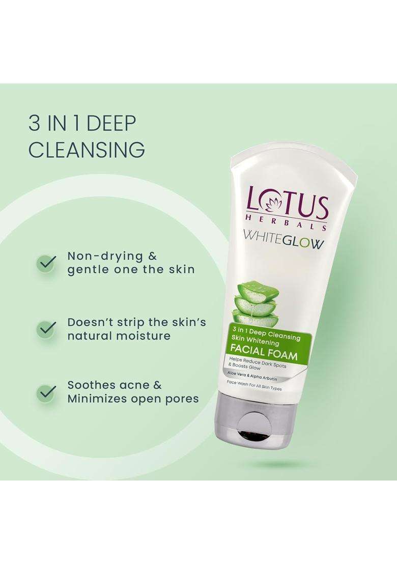Lotus Herbals WhiteGlow Skin Whitening And Brightening Gel Cream 60g+Lotus Herbals 3 in 1 Deep Cleansing Facial Foam 50g | Natural Herbal Care - Indya