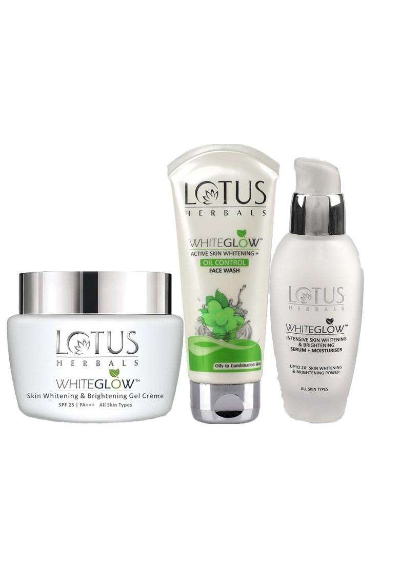 Lotus Herbals Whiteglow Gel Cream 60g, Intensive Serum 30 ml, Oil Control Face Wash 100g (Pack of 3) | Natural Herbal Care - Indya