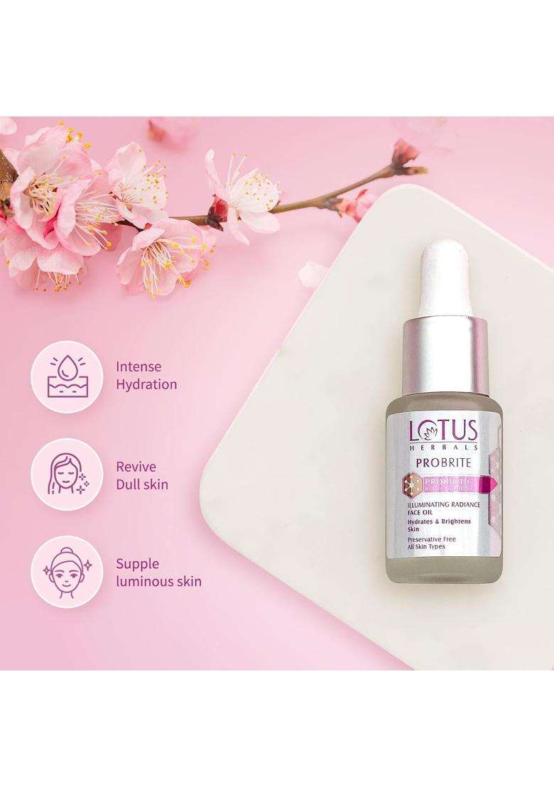 Lotus Herbals Probrite Illuminating Radiance Face Oil 15 ml (Pack of 2) | Natural Herbal Care | For Hydration of Dull & Dry Skin | Probiotic - Indya