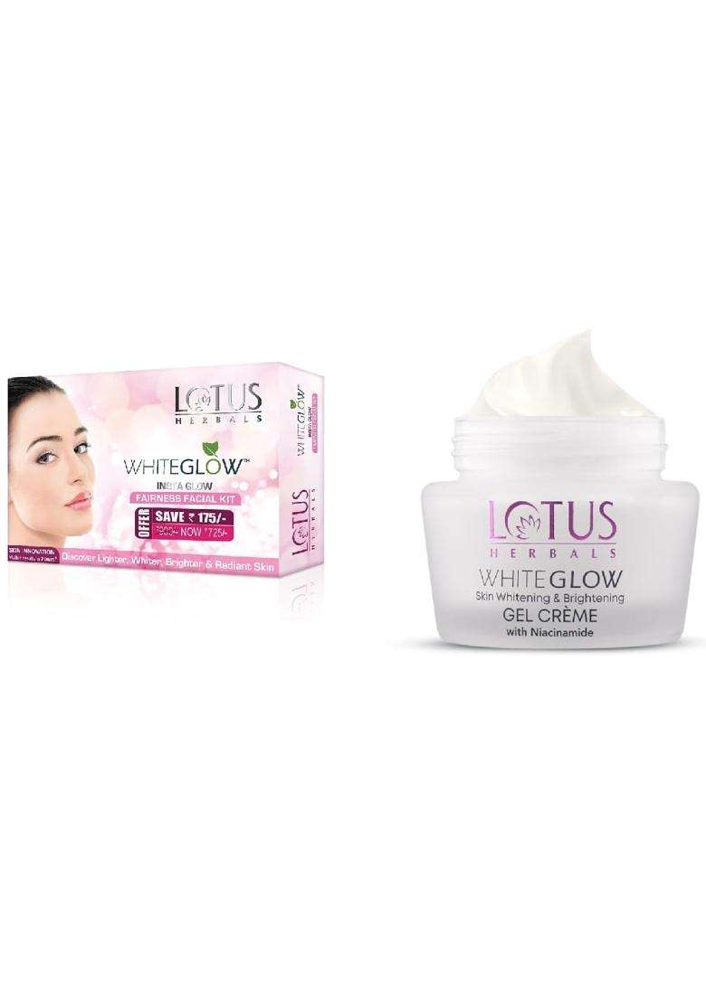 Lotus Herbals WhiteGlow Brightening Gel Cream 40g + WhiteGlow Insta Glow 4-in-1 Facial Kit 160g | Natural Herbal Care | Dark Spots, Tanning & Radiance - Indya