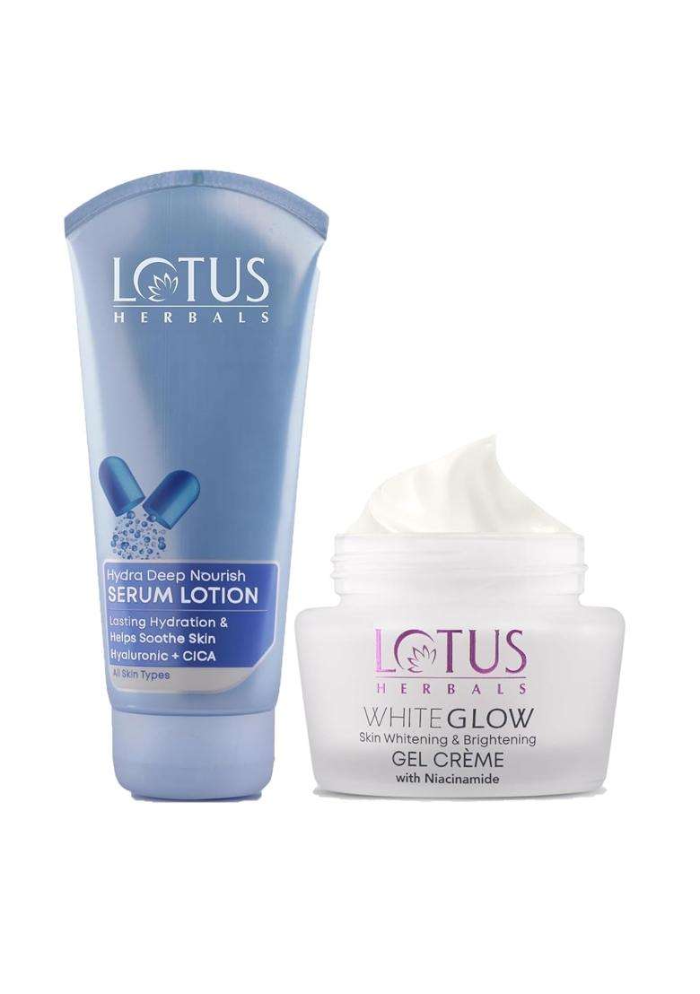 Lotus Herbals Whiteglow With Niacinamide Skin Whitening & Brightening Gel Creme 60g+Hydra Deep Nourish Serum Body Lotion 200 ml | Natural Herbal Care - Indya