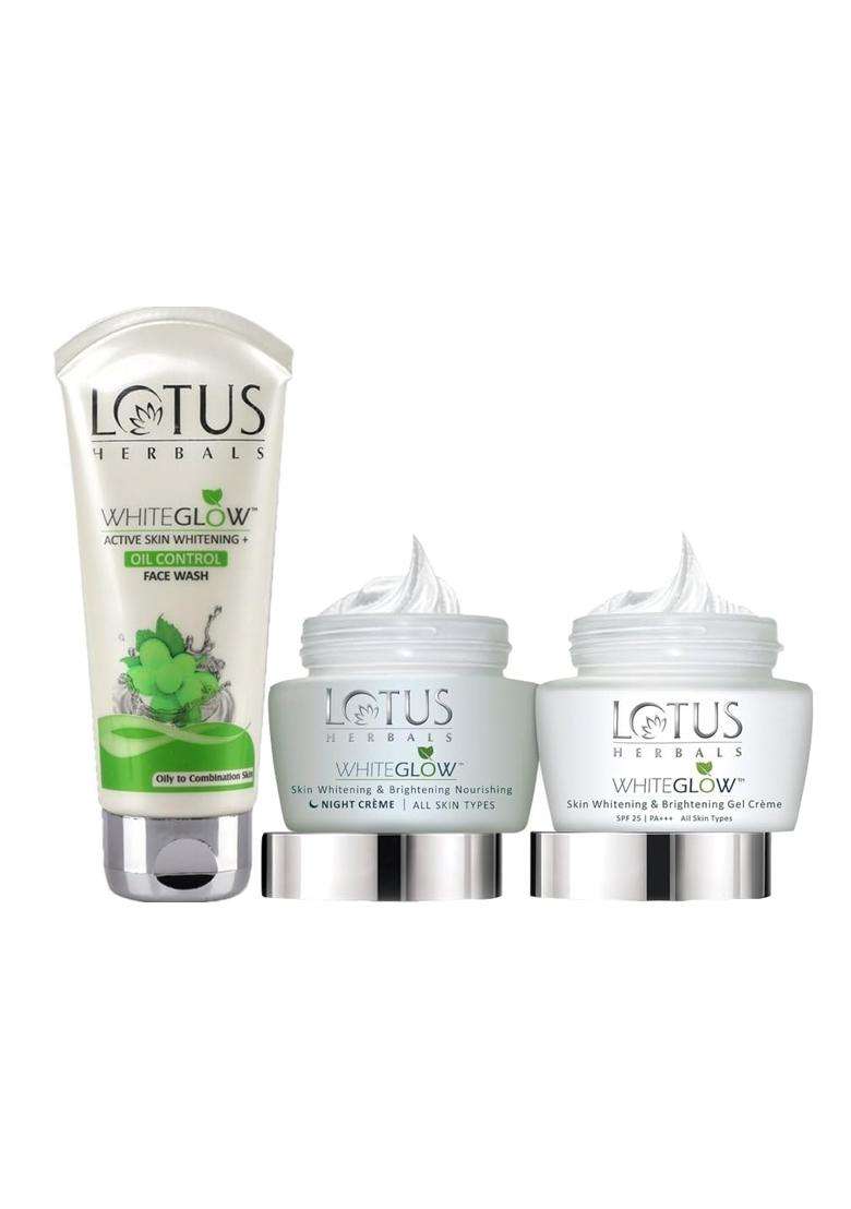 Lotus Herbals Whiteglow Gel Cream 60g, Nourishing Night Cream 60g, Oil Control Face Wash 100g (Pack of 3) | Natural Herbal Care - Indya