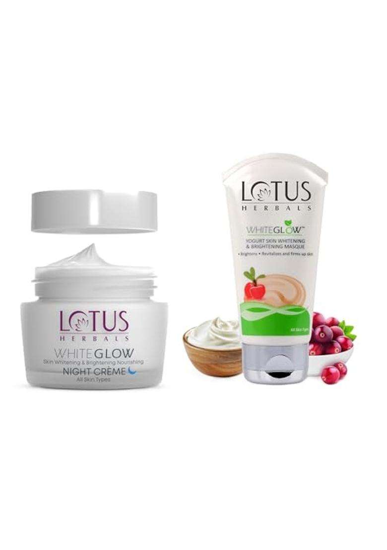 Lotus Herbals WhiteGlow Night Repair Regimen (Value Pack) 60g | Natural Herbal Care | Night Cream 60g + Yogurt Brightening Masque 80g - Indya