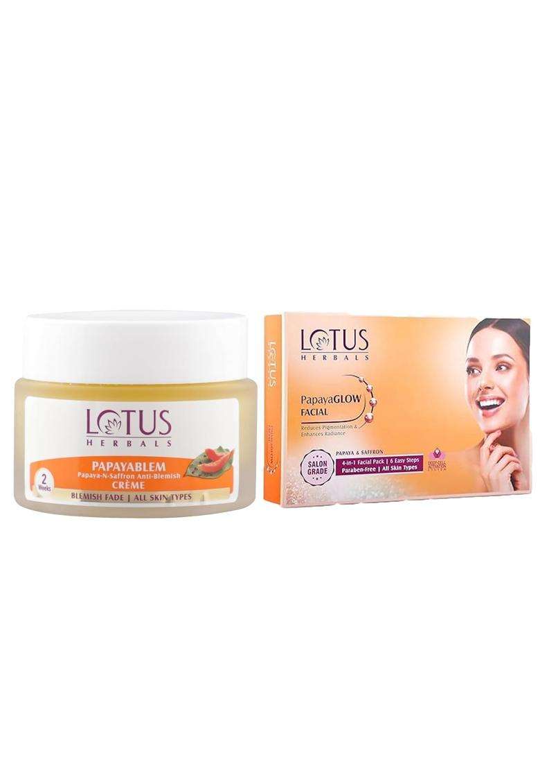 Lotus Herbals PapayaGlow Single Facial kit_67g+Papaya & Saffron Anti-Blemish Cream 50g | Natural Herbal Care - Indya
