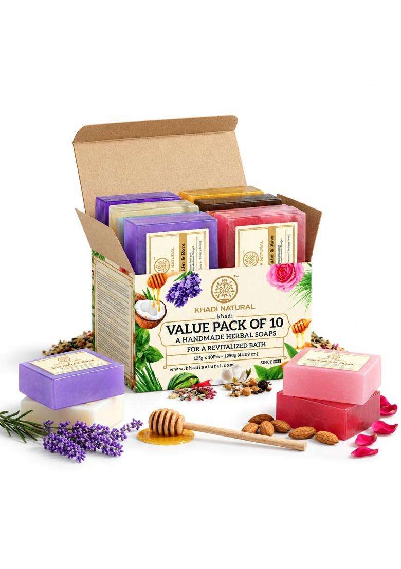 Khadi Natural Herbal Soap Gift Set 125 g (Pack of 10) | Natural Herbal Care | Handcrafted Essential Oil Soaps | Pure & Natural - Indya