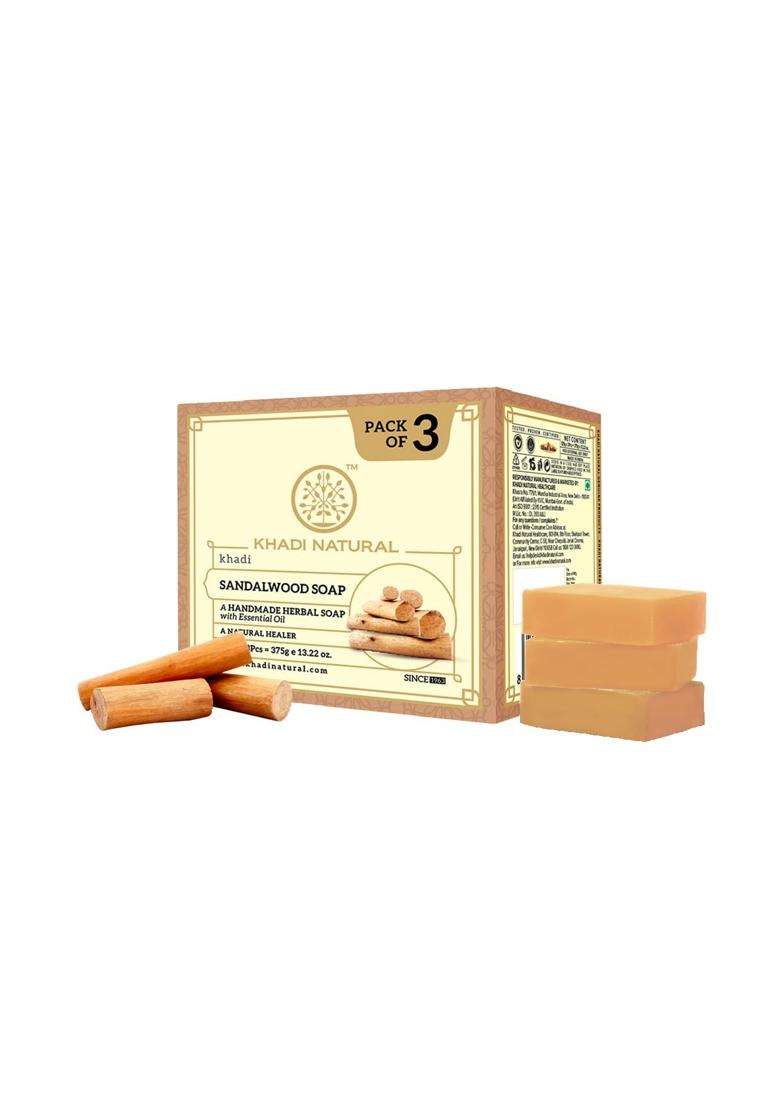 Khadi Natural Sandalwood Soap (125g x 3) (Pack of 3) | Bathing Bar with Essential Oils | Calms and Nourishes Skin | For Smooth, Healthy Glow | 375g - Indya