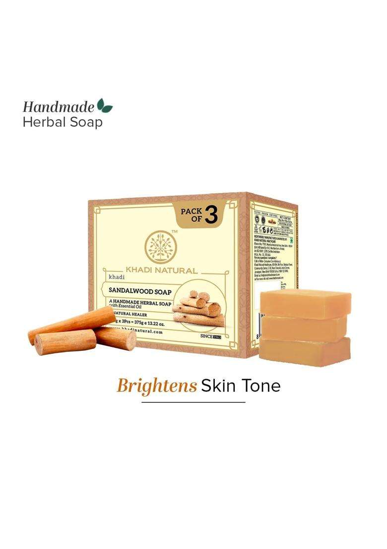 Khadi Natural Sandalwood Soap (125g x 3) (Pack of 3) | Bathing Bar with Essential Oils | Calms and Nourishes Skin | For Smooth, Healthy Glow | 375g - Indya