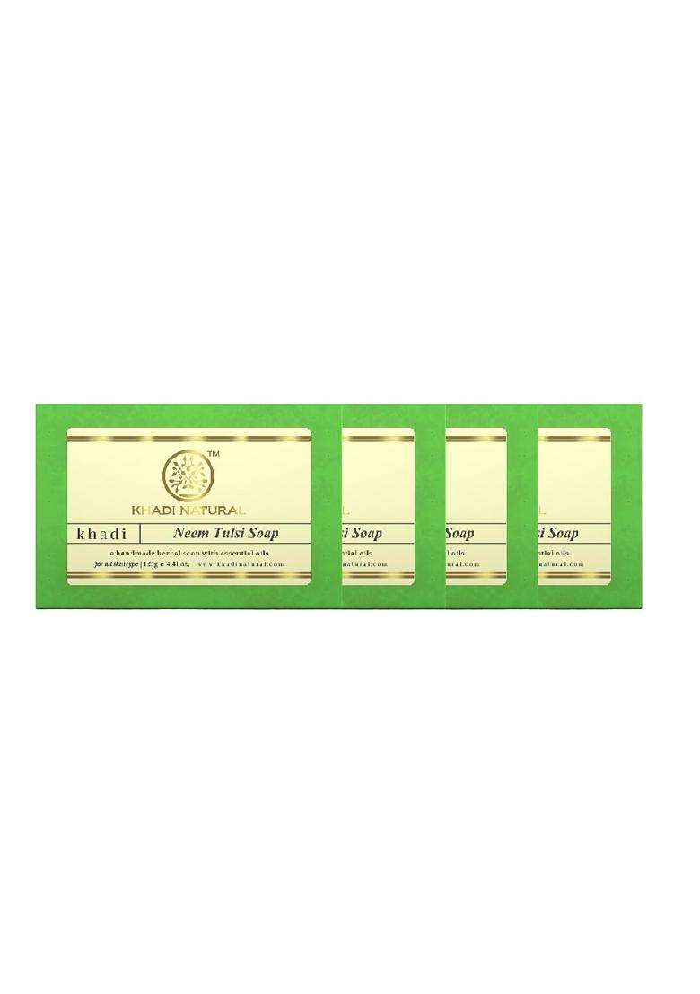 Khadi Natural Neem Tulsi Soap (125 * 4) (500 ml) (Pack of 4) | Natural Herbal Care | Herbal Bathing Soap for Acne | Natural Soap with Essential Oils - Indya
