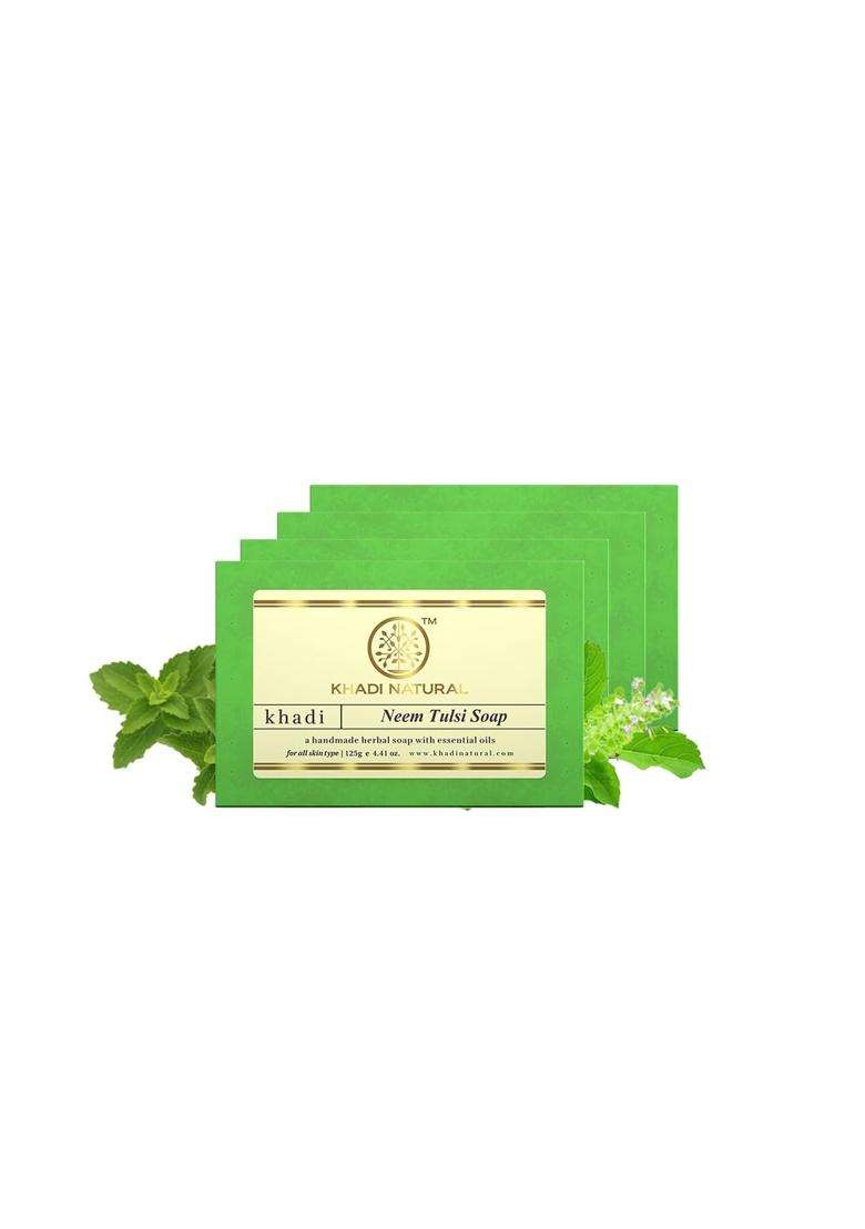 Khadi Natural Neem Tulsi Soap (125 * 4) (500 ml) (Pack of 4) | Natural Herbal Care | Herbal Bathing Soap for Acne | Natural Soap with Essential Oils - Indya