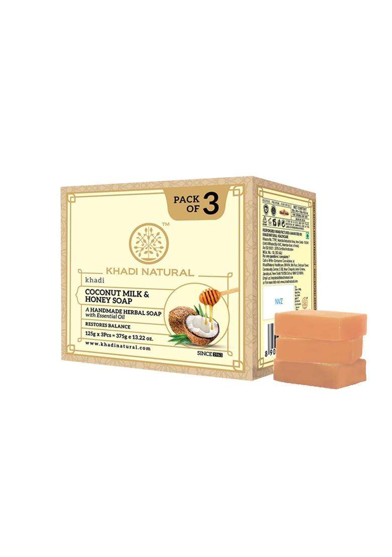 Khadi Natural Coconut Milk & Honey Soap (125g x 3, 375g) (Pack of 3) | Deeply Moisturizing Bathing Bar with Essential Oils | Free From Harsh Chemicals - Indya