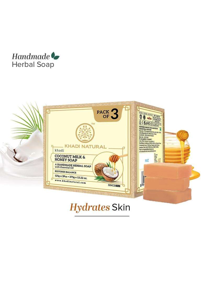 Khadi Natural Coconut Milk & Honey Soap (125g x 3, 375g) (Pack of 3) | Deeply Moisturizing Bathing Bar with Essential Oils | Free From Harsh Chemicals - Indya