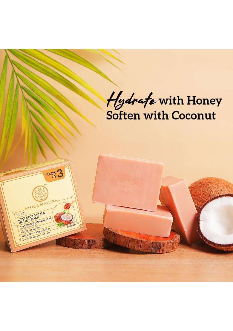 Khadi Natural Coconut Milk & Honey Soap (125g x 3, 375g) (Pack of 3) | Deeply Moisturizing Bathing Bar with Essential Oils | Free From Harsh Chemicals - Indya