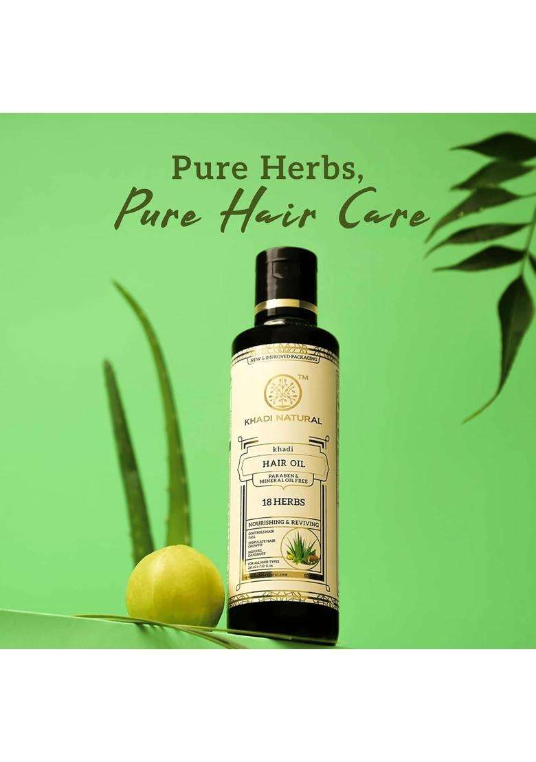 Khadi Natural Ayurvedic 18 Herbs Hair Oil 210 ml | Authentic Traditional Formula | Repairs Dry Scalp, Boosts Hair Health | Paraben, Mineral Oil Free - Indya