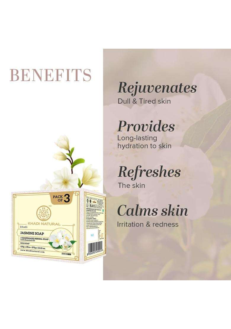 Khadi Natural Jasmine Soap (125 * 3, 375g) (Pack of 3) | Natural Herbal Care | Luxurious Herbal Bathing Bar | Provides Delightful Floral Scent - Indya