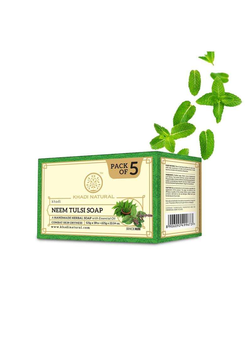Khadi Natural Neem Tulsi Soap (5x125 g) (625 g) (Pack of 5) | Natural Herbal Care | Handmade | Herbal Soap for Removing Dirt & Impurities - Indya