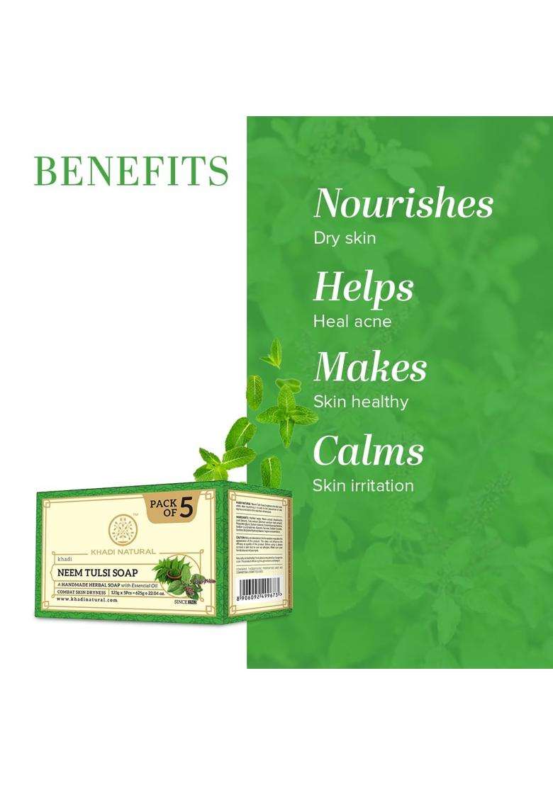Khadi Natural Neem Tulsi Soap (5x125 g) (625 g) (Pack of 5) | Natural Herbal Care | Handmade | Herbal Soap for Removing Dirt & Impurities - Indya