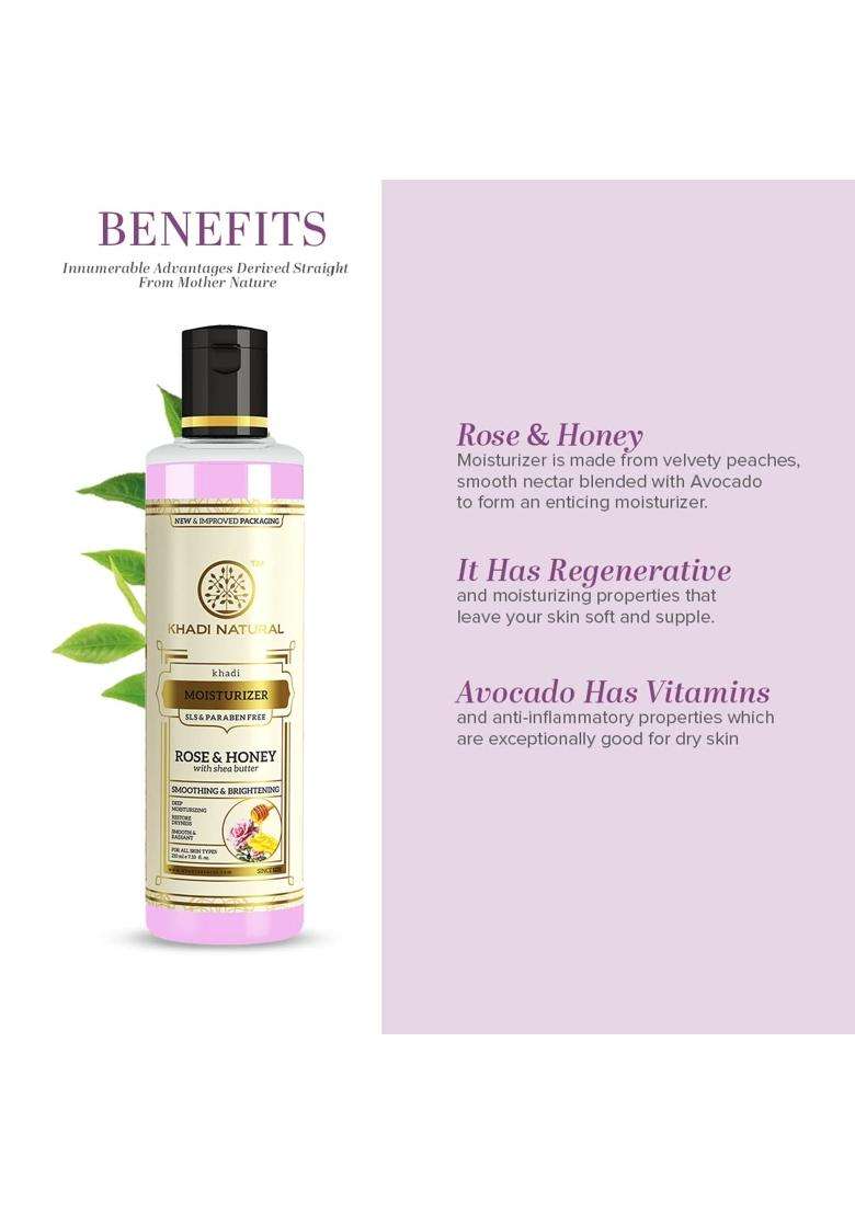 Khadi Natural Moisturising Lotion, Rose and Honey 210 ml | Smooth and radiant skin | Unique non-sticky formula | Keeps skin moisturized | Body Lotion - Indya
