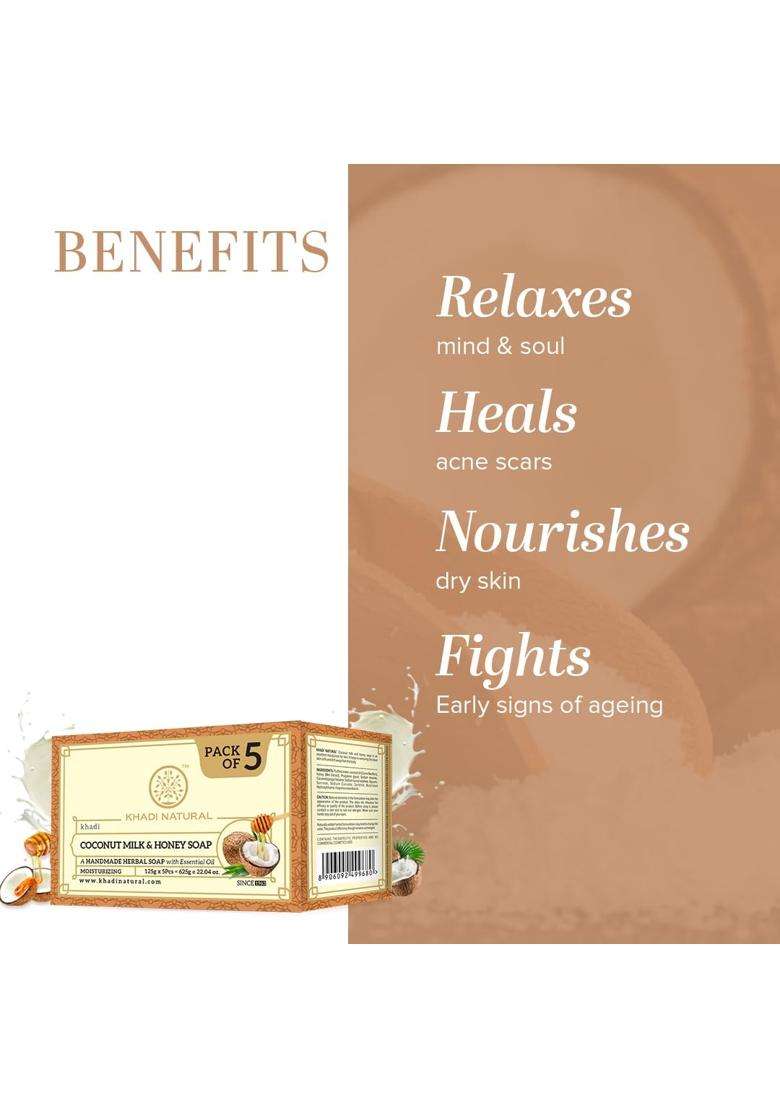 Khadi Natural Herbal Coconut Milk & Honey Soap (5x125 g) (625 g) (Pack of 5) | Natural Herbal Care | Herbal Bathing Soap for Glowing Skin - Indya