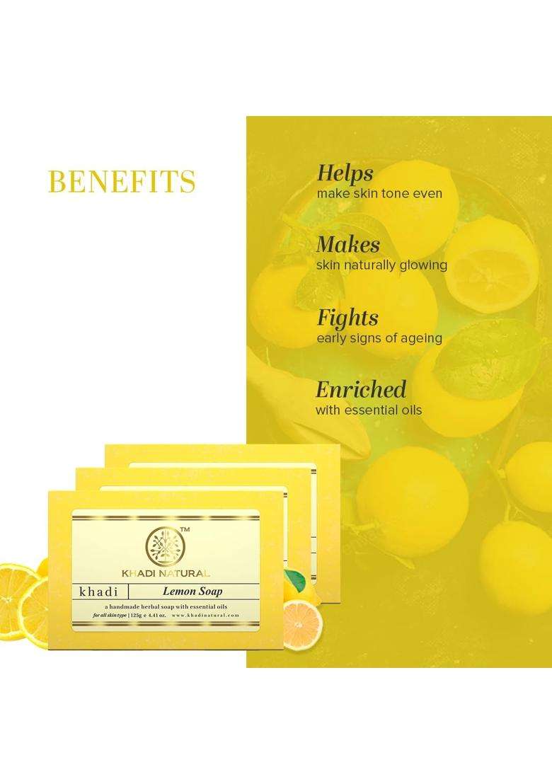 Khadi Natural Lemon Soap (125 g*3) (375 g) (Pack of 3) | Moisturizes & Revitalizes skin | Gently exfoliating | Suitable for all skin types - Indya