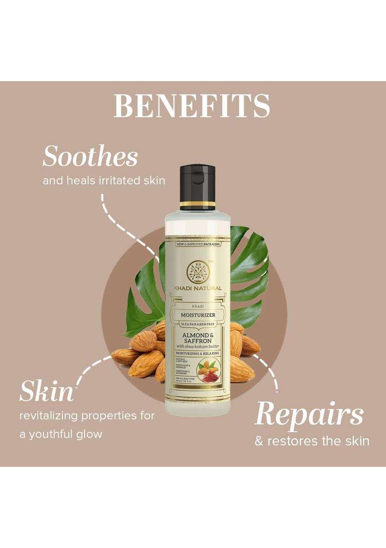 Khadi Natural Almond & Saffron Herbal Moisturizer 210 ml | Natural Herbal Care | Deeply Nourishing Shea & Kokum Butter Formula | Body Lotion - Indya