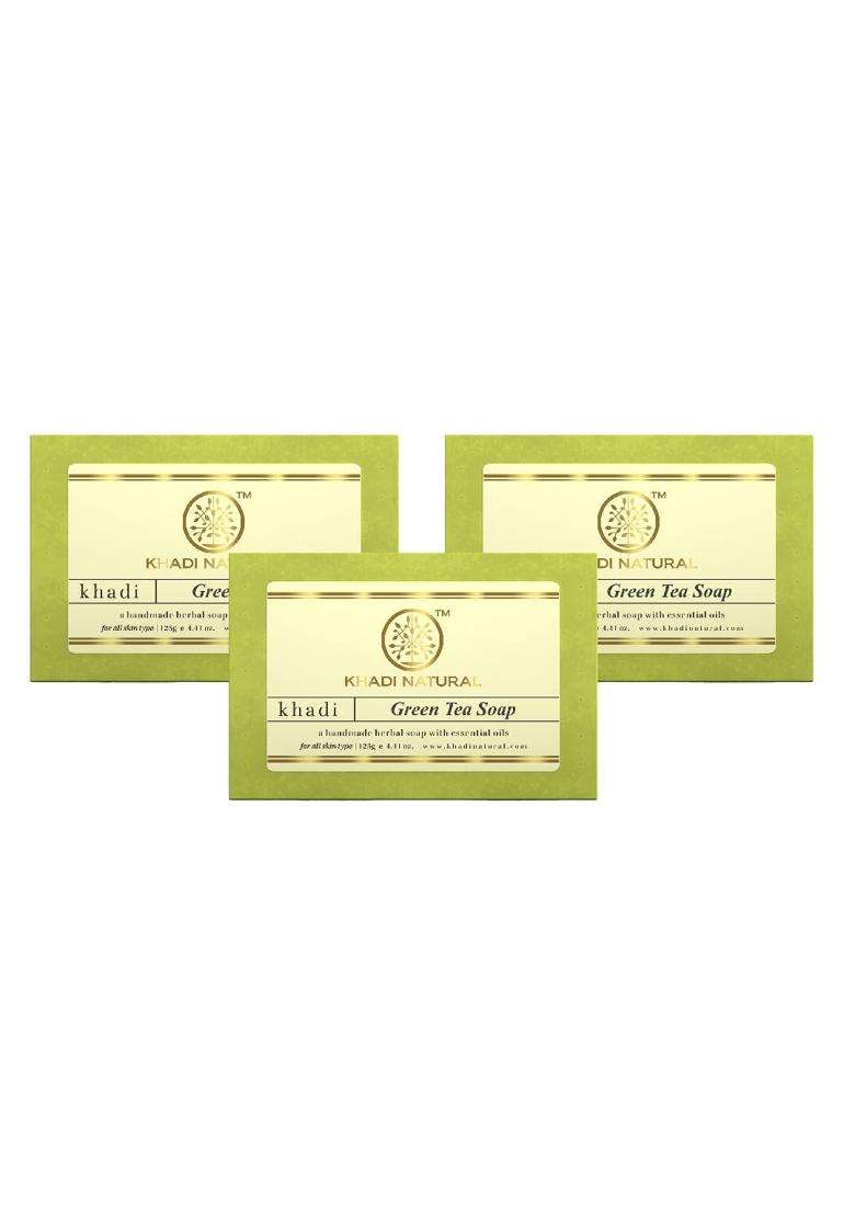 Khadi Natural Green Tea Soap 375 g (Pack of 3) | Natural Herbal Care | Herbal Handmade | Bathing For Body Acne and For Rejuvenating Skin - Indya