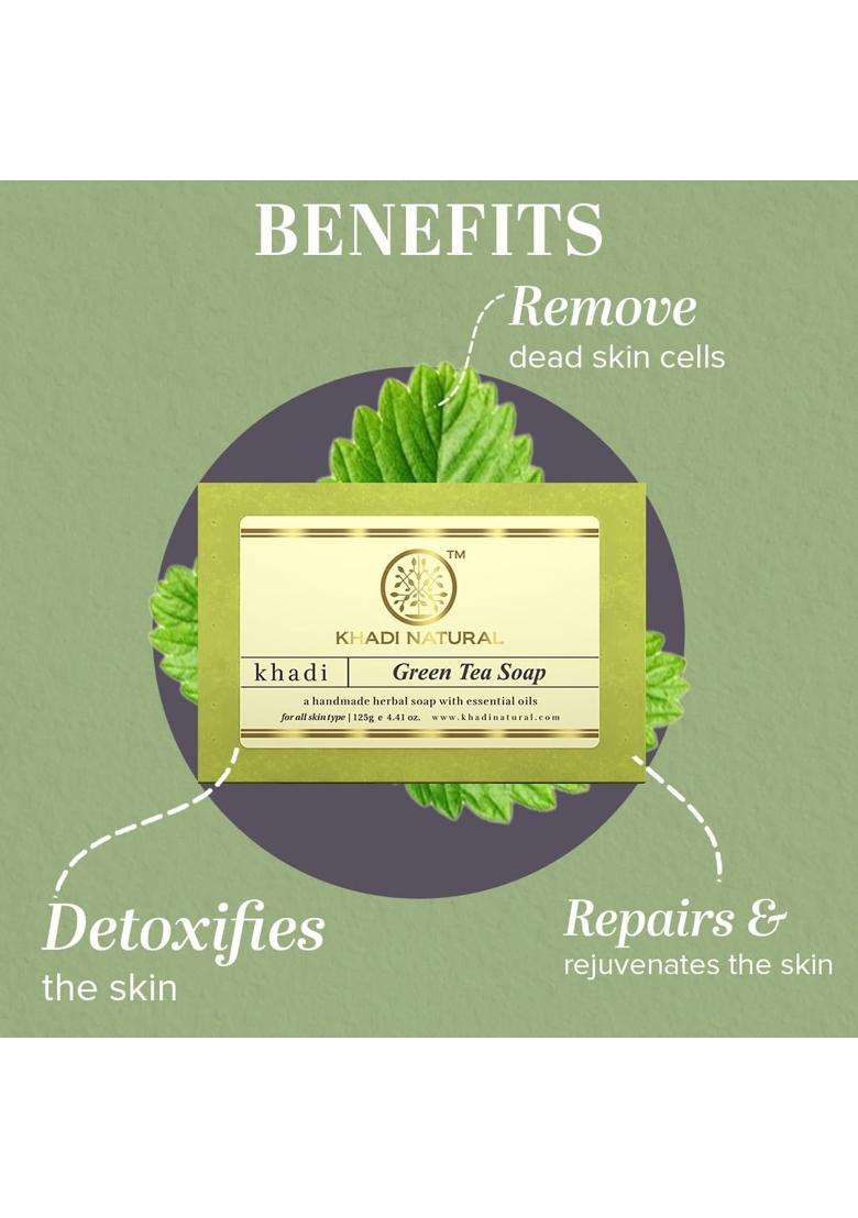 Khadi Natural Green Tea Soap 375 g (Pack of 3) | Natural Herbal Care | Herbal Handmade | Bathing For Body Acne and For Rejuvenating Skin - Indya
