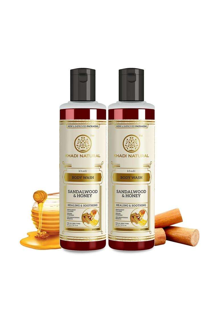 Khadi Natural Sandalwood & Honey Body Wash 210x2 (420 ml) (Pack of 2) | Gentle Body Cleanser for Healthy Skin | Body Wash for Calming Sunburns - Indya