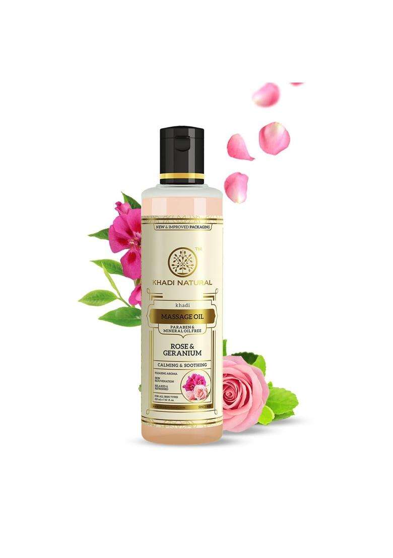 Khadi Natural Ayurvedic Rose Geranium Massage Oil 210 ml | Authentic Traditional Formula | Calm senses | Anti-inflammatory properties - Indya