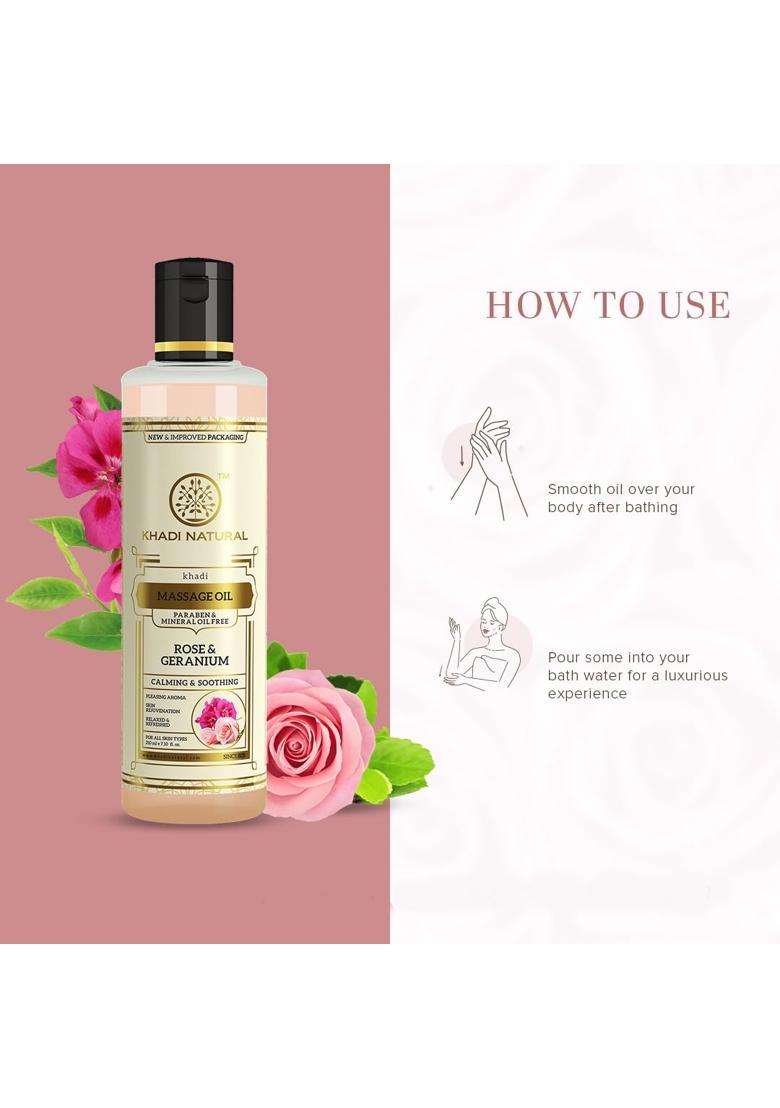 Khadi Natural Ayurvedic Rose Geranium Massage Oil 210 ml | Authentic Traditional Formula | Calm senses | Anti-inflammatory properties - Indya