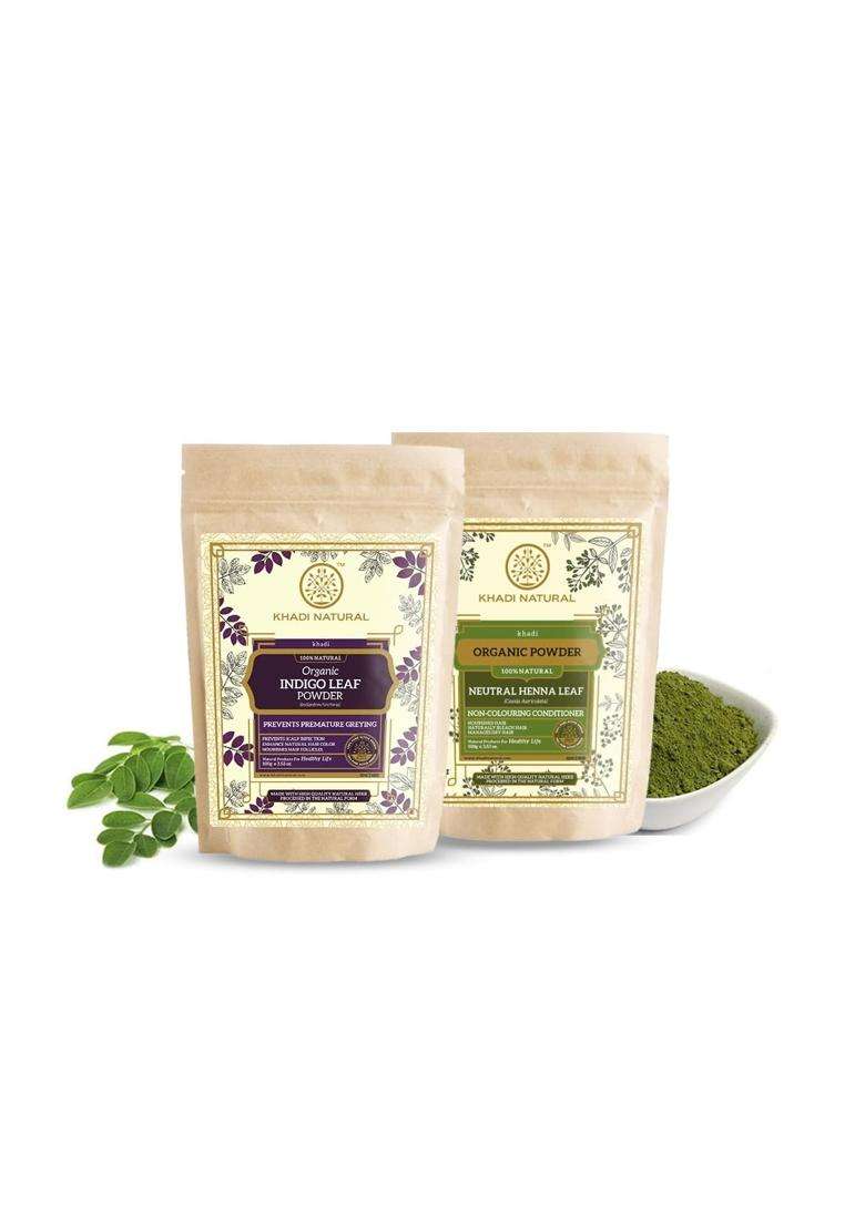Khadi Natural Organic Powder (Indigo + Natural Henna) 200 g (Pack of 2) | Natural Herbal Care | Herbal Hair Colour | Hides grey hair - Indya