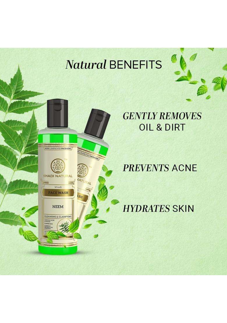 Khadi Natural Ayurvedic Neem Face Wash (210 ml x 2) (420 ml) (Pack of 2) | Authentic Traditional Formula | Anti-Acne Cleanser for Acne-Prone Skin - Indya