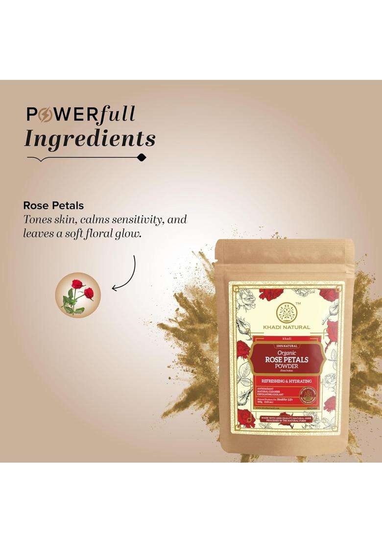 Khadi Natural Rose Petals Organic Powder 100g | Natural Herbal Care | Herbal Powder for Skin Care & Natural Glow | Gentle Herbal Skin Care Formula - Indya