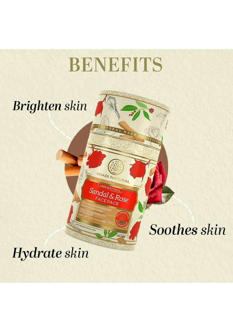 Khadi Natural Sandalwood & Rose Face Pack 100g | Natural Herbal Care | Herbal for Soothing & Bright Looking Skin | Helps Cleanse & Improve Texture - Indya