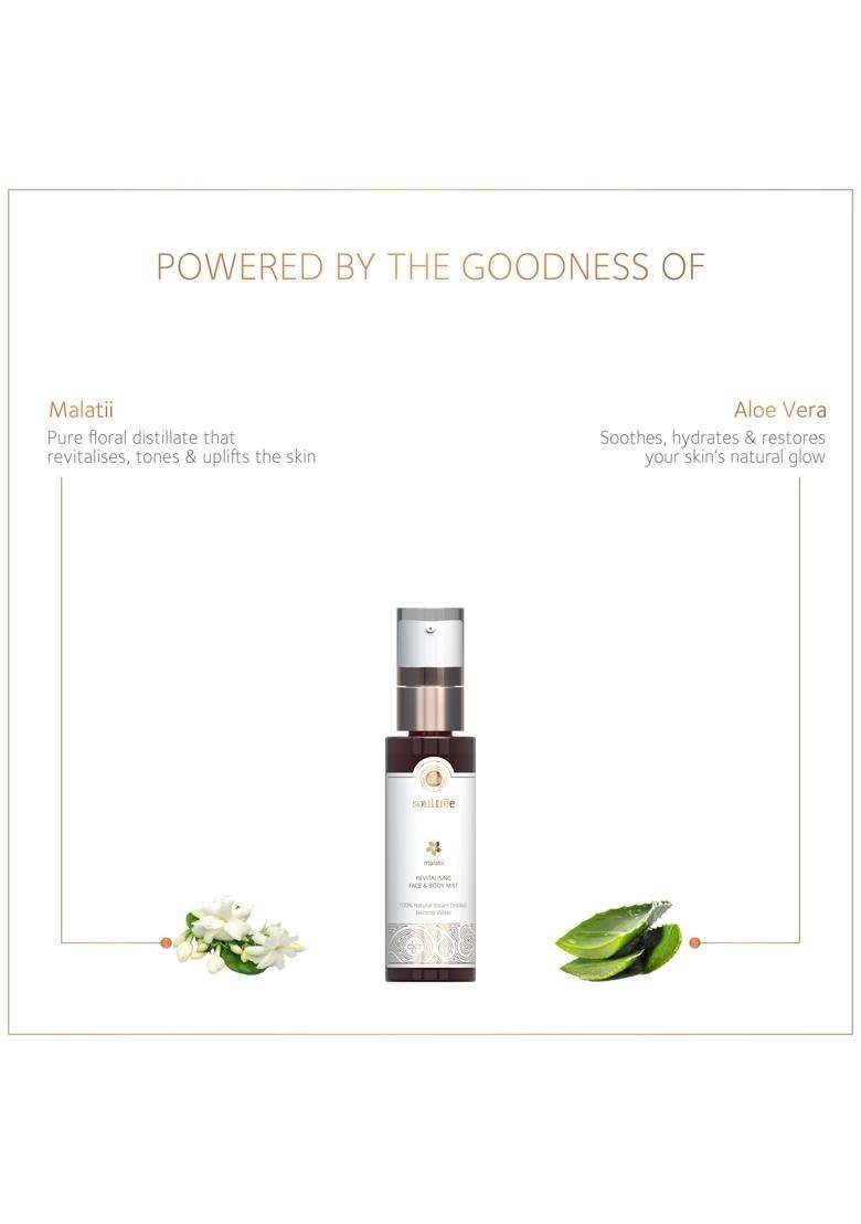 SoulTree Malatii Revitalising Face & Body Mist, 50 ml | Authentic Traditional Formula | Steam-Distilled Jasmine Flower Water & Ayurvedic Ingredients - Indya