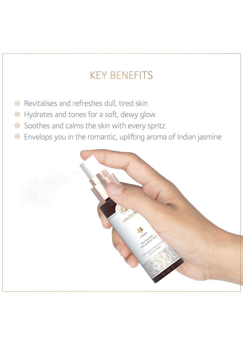 SoulTree Malatii Revitalising Face & Body Mist, 50 ml | Authentic Traditional Formula | Steam-Distilled Jasmine Flower Water & Ayurvedic Ingredients - Indya