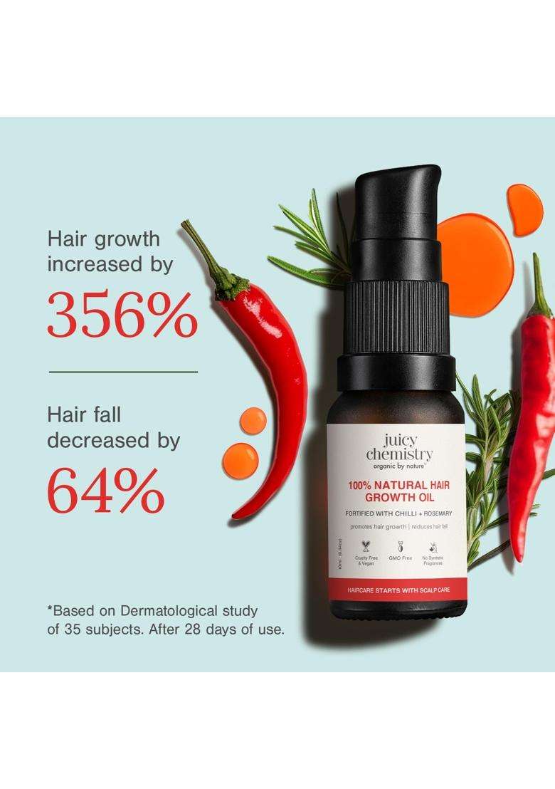 Juicy Chemistry 100% Natural Chilli + Rosemary Hair Growth Oil, 10 ml | Promotes Hair Growth | Strengthens & Reduces Hair Fall | Improves Hair Texture - Indya