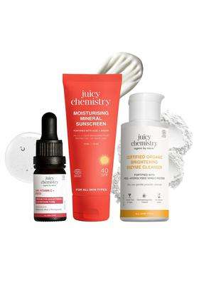 Juicy Chemistry Skin Brightening & Glow Ritual 50 g | Clean, Exfoliate & Protect from Sun damage | Combo of 3