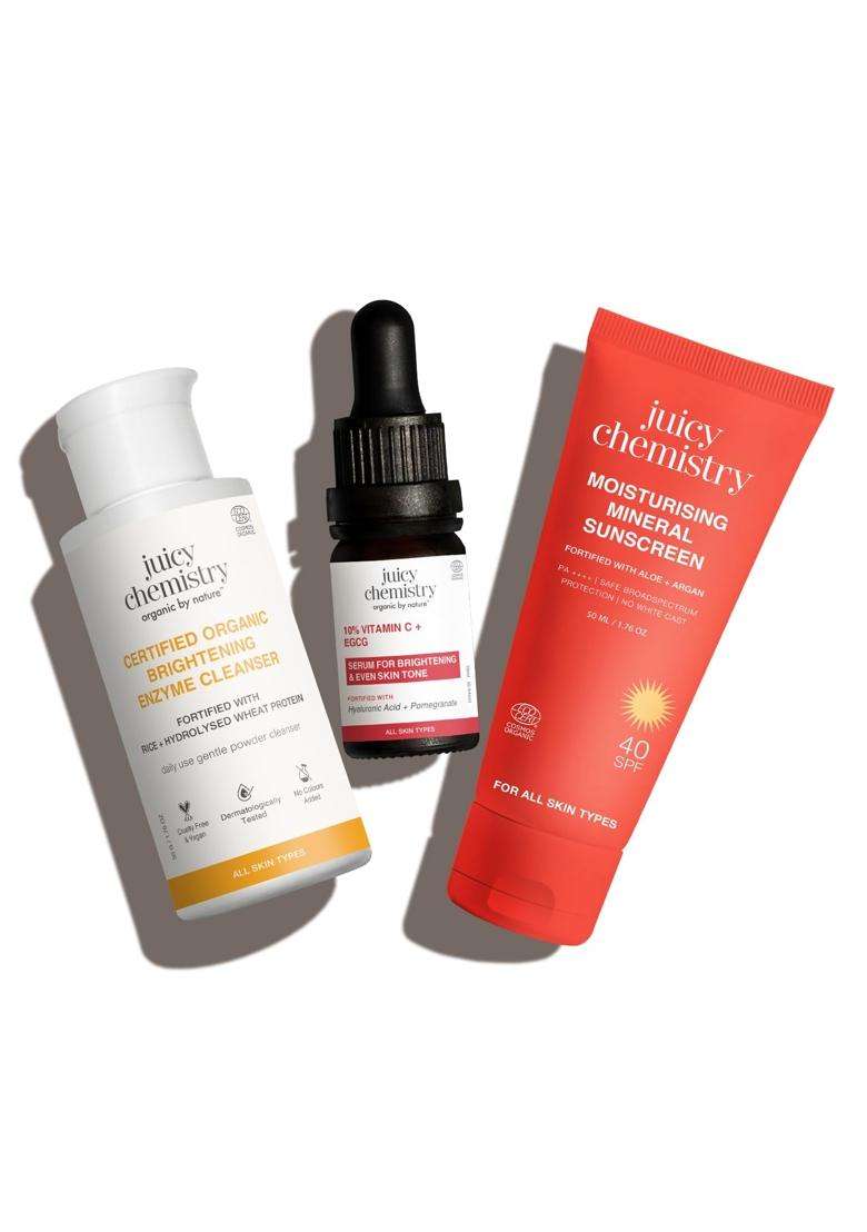 Juicy Chemistry Skin Brightening & Glow Ritual 50 g | Clean, Exfoliate & Protect from Sun damage | Combo of 3 - Indya