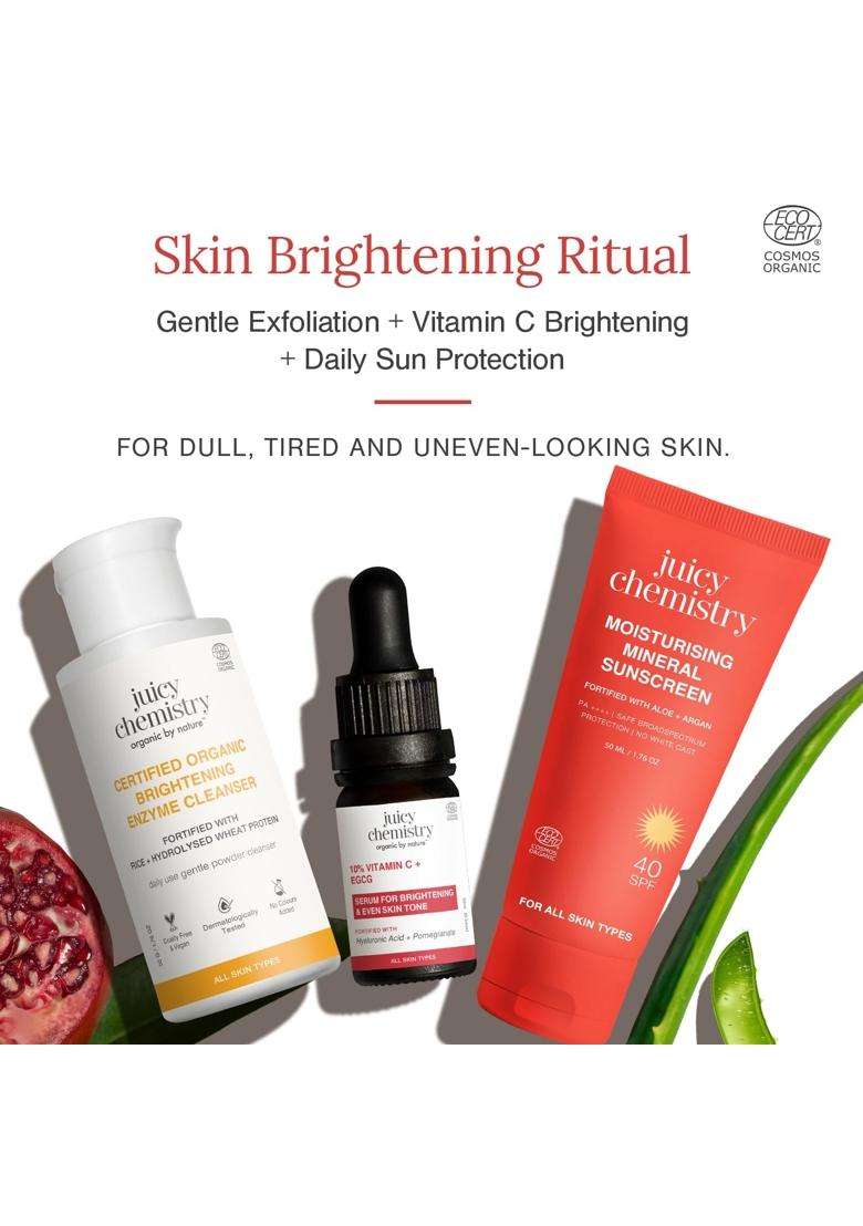 Juicy Chemistry Skin Brightening & Glow Ritual 50 g | Clean, Exfoliate & Protect from Sun damage | Combo of 3 - Indya