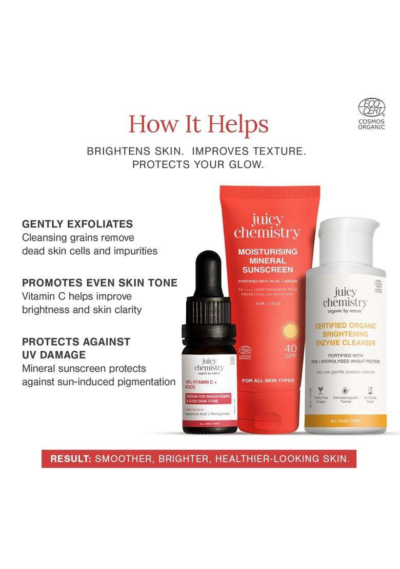 Juicy Chemistry Skin Brightening & Glow Ritual 50 g | Clean, Exfoliate & Protect from Sun damage | Combo of 3 - Indya