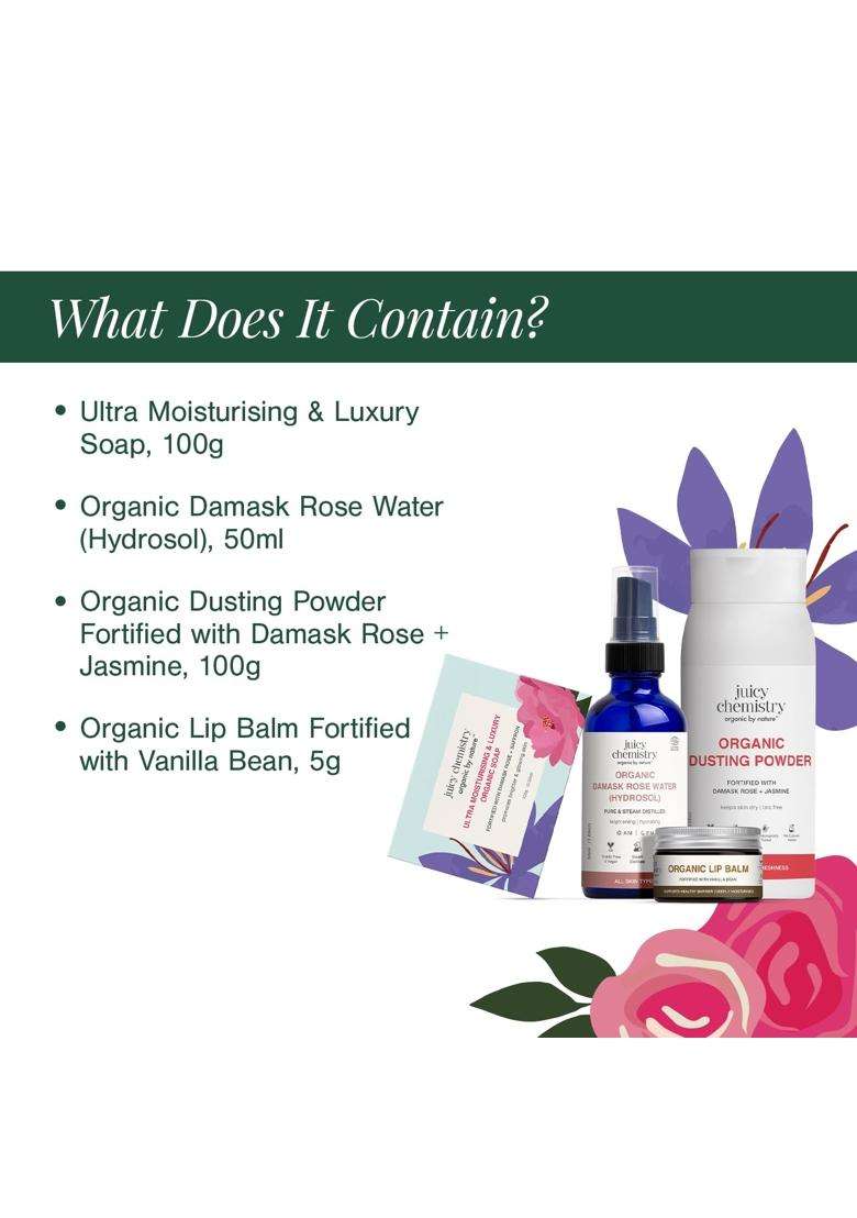 Juicy Chemistry Bloom & Bloom Gift Box 50 ml | Face, Body & Lip Care Kit | Rose Water 50 ml + Soap 100g + Lip Balm 5g + Dusting Powder 100g - Indya