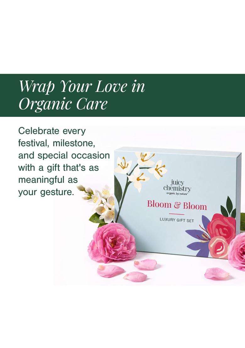 Juicy Chemistry Bloom & Bloom Gift Box 50 ml | Face, Body & Lip Care Kit | Rose Water 50 ml + Soap 100g + Lip Balm 5g + Dusting Powder 100g - Indya
