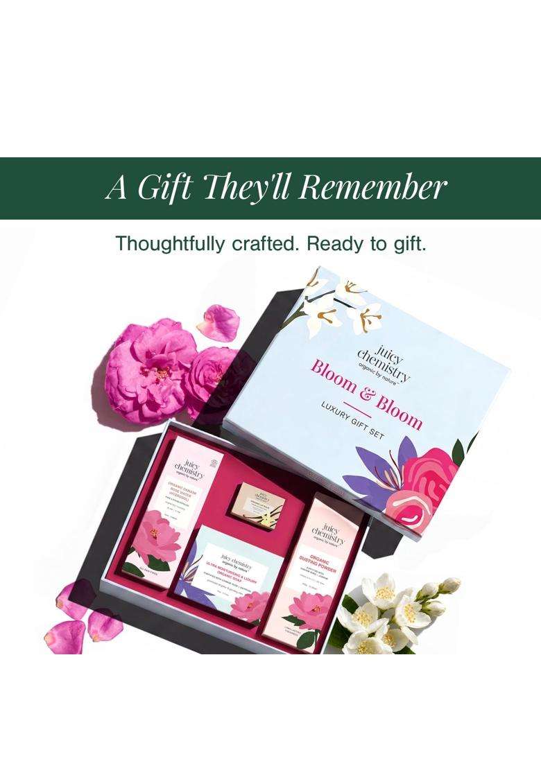 Juicy Chemistry Bloom & Bloom Gift Box 50 ml | Face, Body & Lip Care Kit | Rose Water 50 ml + Soap 100g + Lip Balm 5g + Dusting Powder 100g - Indya