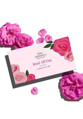 Juicy Chemistry Rose All Day Gift Box 75g | Face, Body & Lip Care Kit | Scrub 75g + Lip Balm 5g + Rose Water 50 ml + Soap 100g + Dusting Powder 100g
