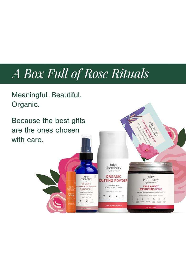 Juicy Chemistry Rose All Day Gift Box 75g | Face, Body & Lip Care Kit | Scrub 75g + Lip Balm 5g + Rose Water 50 ml + Soap 100g + Dusting Powder 100g - Indya