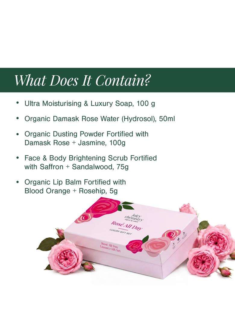 Juicy Chemistry Rose All Day Gift Box 75g | Face, Body & Lip Care Kit | Scrub 75g + Lip Balm 5g + Rose Water 50 ml + Soap 100g + Dusting Powder 100g - Indya