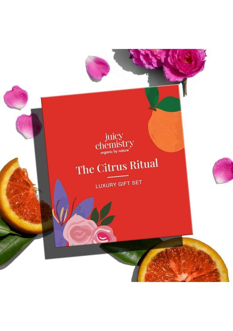 Juicy Chemistry Citrus Ritual Gift Box 200 ml | Body Care Kit | Body Wash 200 ml + Face & Body Brightening Scrub 75g + Rose Water 100 ml - Indya