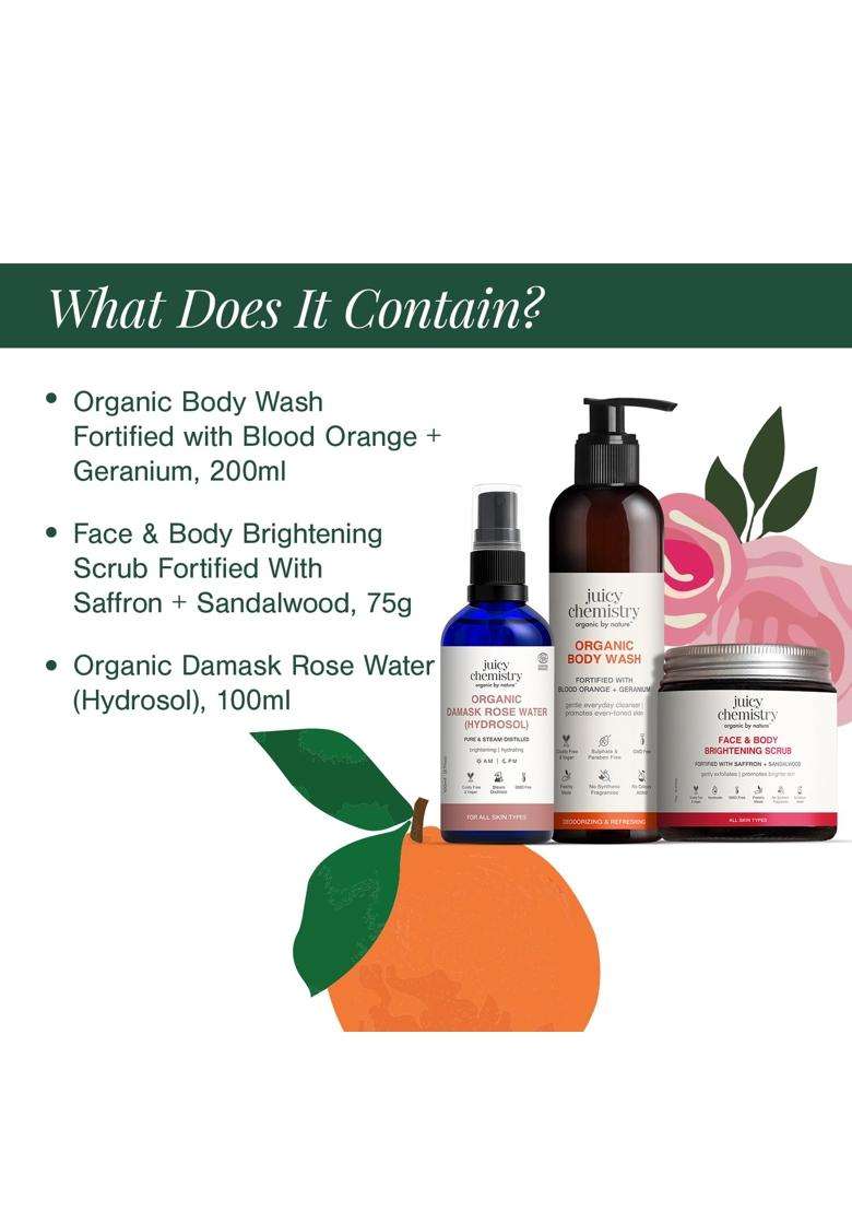 Juicy Chemistry Citrus Ritual Gift Box 200 ml | Body Care Kit | Body Wash 200 ml + Face & Body Brightening Scrub 75g + Rose Water 100 ml - Indya