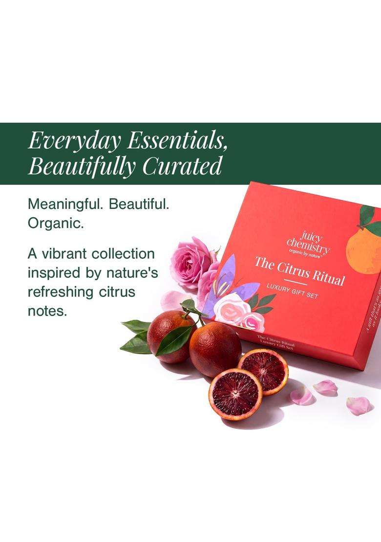 Juicy Chemistry Citrus Ritual Gift Box 200 ml | Body Care Kit | Body Wash 200 ml + Face & Body Brightening Scrub 75g + Rose Water 100 ml - Indya